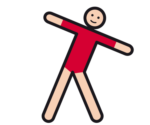 Grafische Darstellung einer stickman-ähnlichen Figur mit rotem Oberteil und lächelndem Gesicht auf schwarzem Hintergrund.