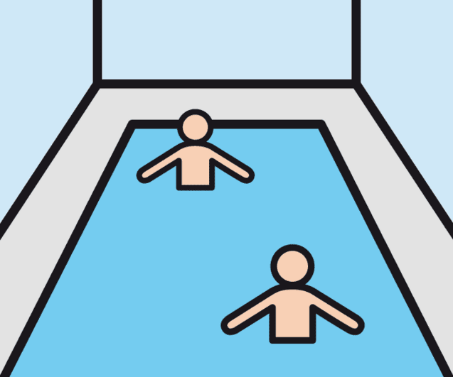 Zwei stilisierte Personen schwimmen in einem blauen Pool unter einem hellen Himmel.