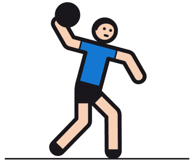Männliche Figur in blauer Sportkleidung, die einen Ball mit ausgestrecktem Arm wirft.