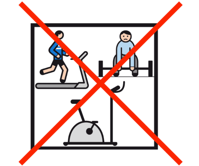 Symbolbild mit durchgestrichenen Fitnessgeräten: Laufband, Hantelbank und Ergometer.