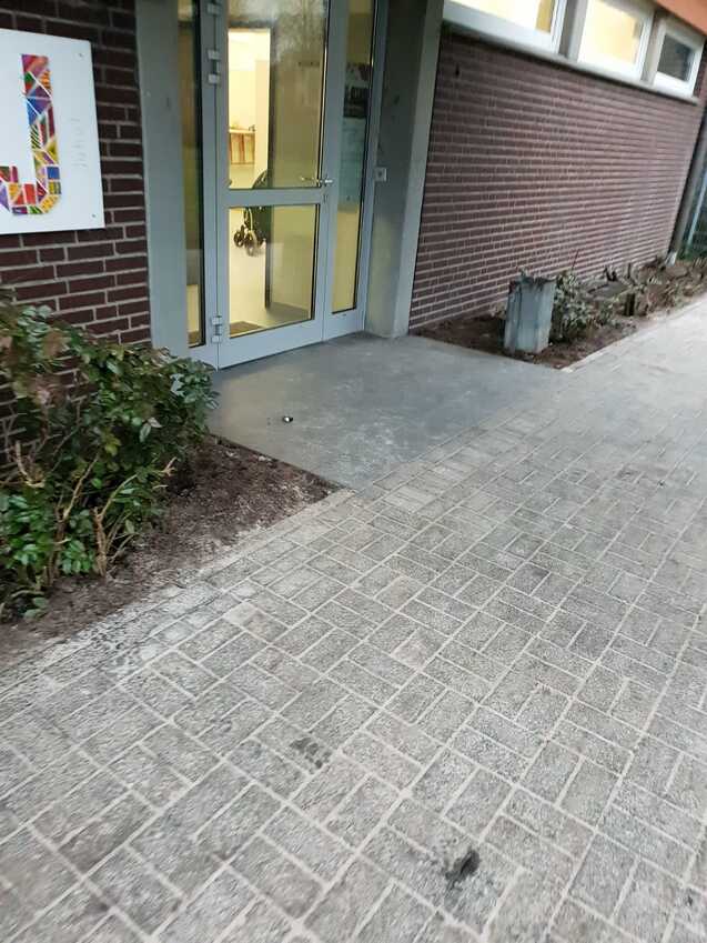 Eingang einer Einrichtung mit Glastür, umgeben von Pflanzen und einem gepflasterten Weg. Innenraum unscharf im Hintergrund sichtbar.