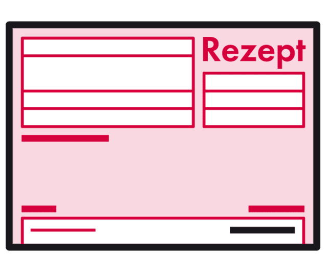 Rezeptformular mit Platz für Informationen in rot auf rosa Hintergrund, umrahmt von einem schwarzen Rahmen.