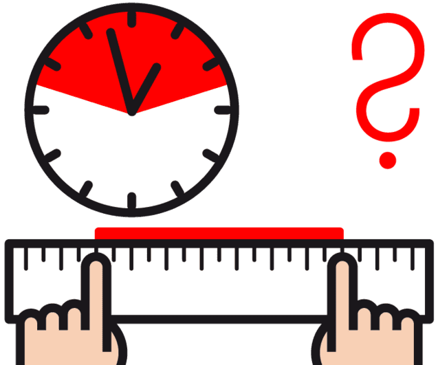 Grafik mit einer Uhr und einem Lineal, auf dem eine Hand mit einem Finger zeigt, daneben ein Fragezeichen.
