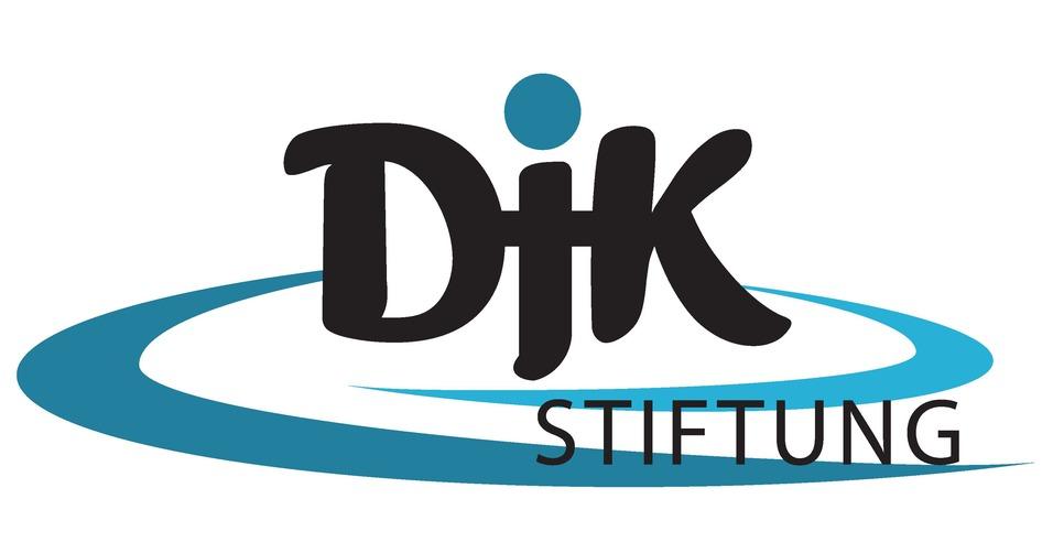 Logo der DJK Stiftung mit geschwungener blauer Linie und schwarzer Schrift auf weißem Hintergrund.