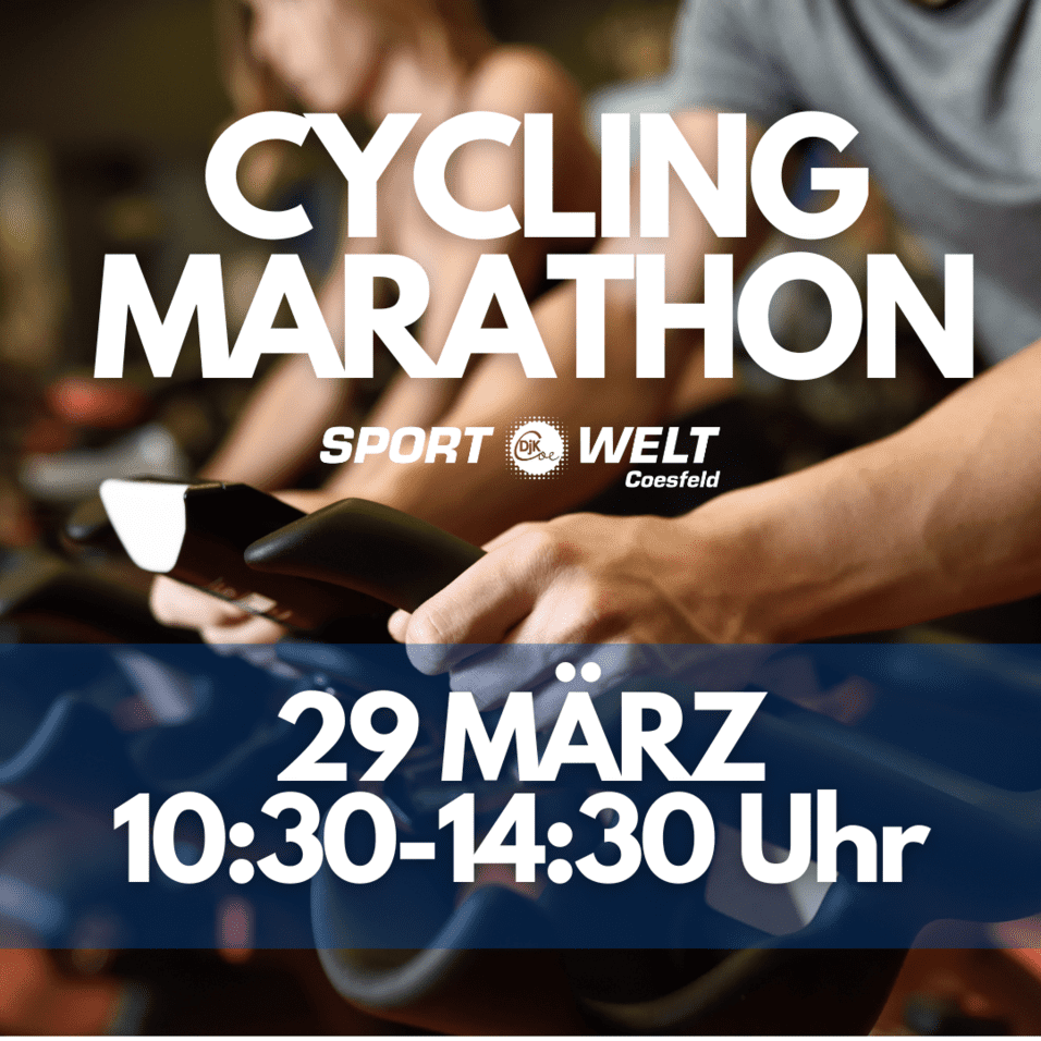 Anzeige für einen Cycling-Marathon mit Datum und Uhrzeit auf einem Fahrrad-Ergometer.