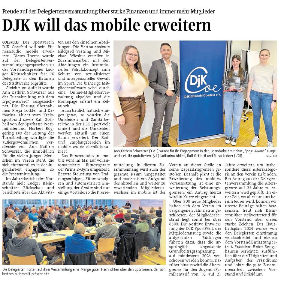 Artikel über die Delegiertenversammlung der DJK Coesfeld mit Informationen zu Finanzen, Ehrungen und Mitgliederanzahl.