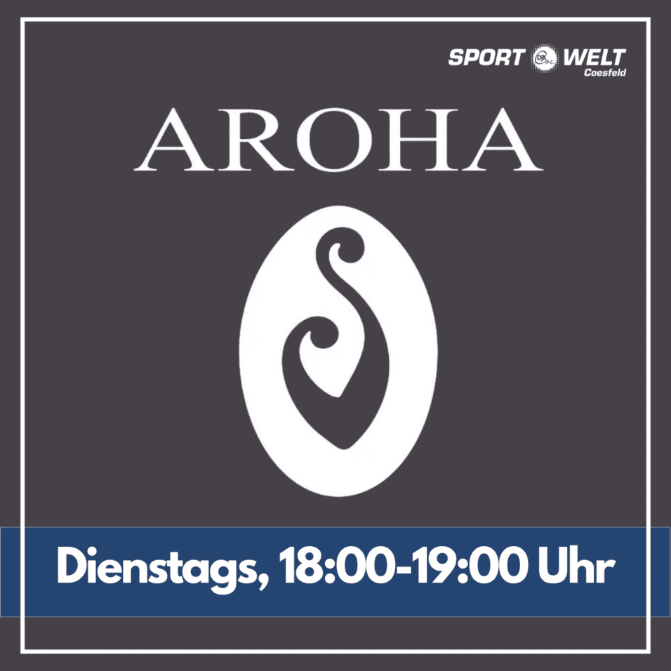Logo von AROHA auf grauem Hintergrund mit Zeitangabe: Dienstags, 18:00-19:00 Uhr, in blauer Box.