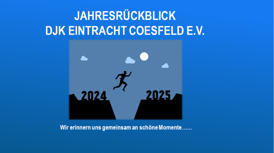 Grafik mit Schriftzug „Jahresrückblick DJK Eintracht Coesfeld e.V.“ und Silhouette eines Läufers, der zwischen 2024 und 2025 springt.