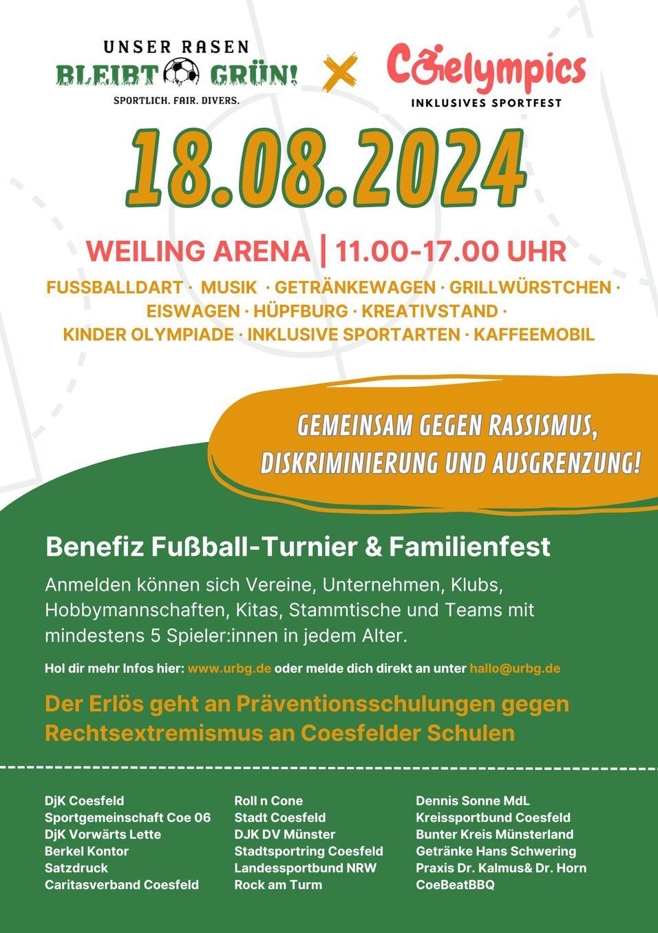 Banner für ein Fußballturnier und Familienfest mit Veranstaltungen, Datum, Uhrzeit und Info zu Anmeldungen gegen Rassismus.
