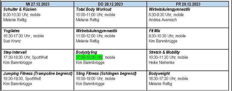 Übersichtstabelle mit Kursen und Zeiten für Fitnessangebote vom 27. bis 29. Dezember 2023.