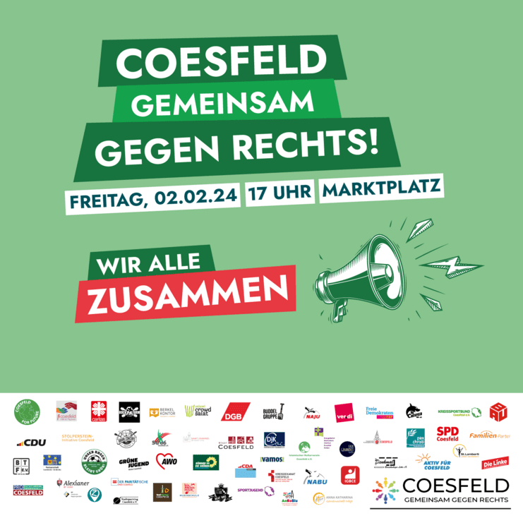 Plakat für die Veranstaltung "Coesfeld gemeinsam gegen Rechts" am 02.02.24, 17 Uhr, mit Megafon und Logos von unterstützenden Gruppen.