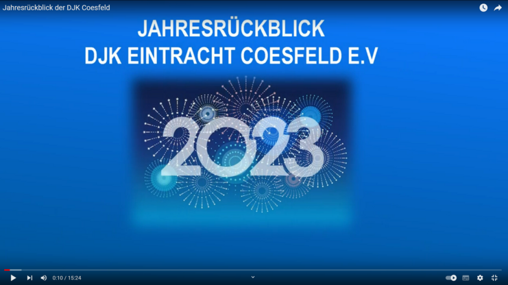Titel "Jahresrückblick der DJK Eintracht Coesfeld e.V." mit dem Jahr 2023 und bunten Feuerwerksgrafiken auf blauem Hintergrund.