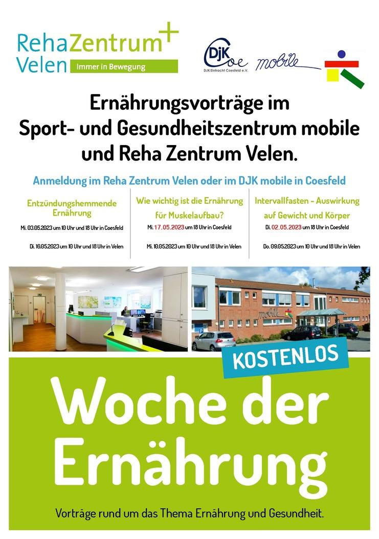 Flyer für die Woche der Ernährung mit Terminen und Informationen zu Vorträgen im Reha Zentrum Velen und DJK mobile.