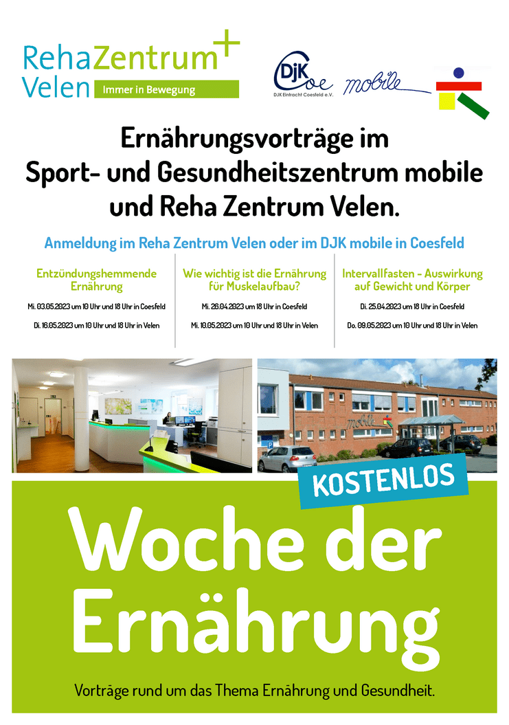 Plakat für Vorträge zur Ernährung im Reha Zentrum Velen und DJK Coesfeld, mit Terminen und Infos.