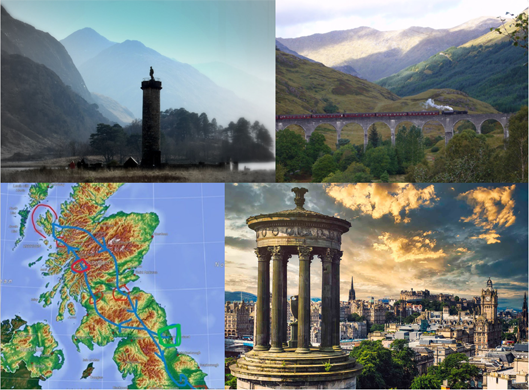 Verschiedene Landschaften und Sehenswürdigkeiten Schottlands, darunter ein Monument, Berge und eine Stadtansicht.