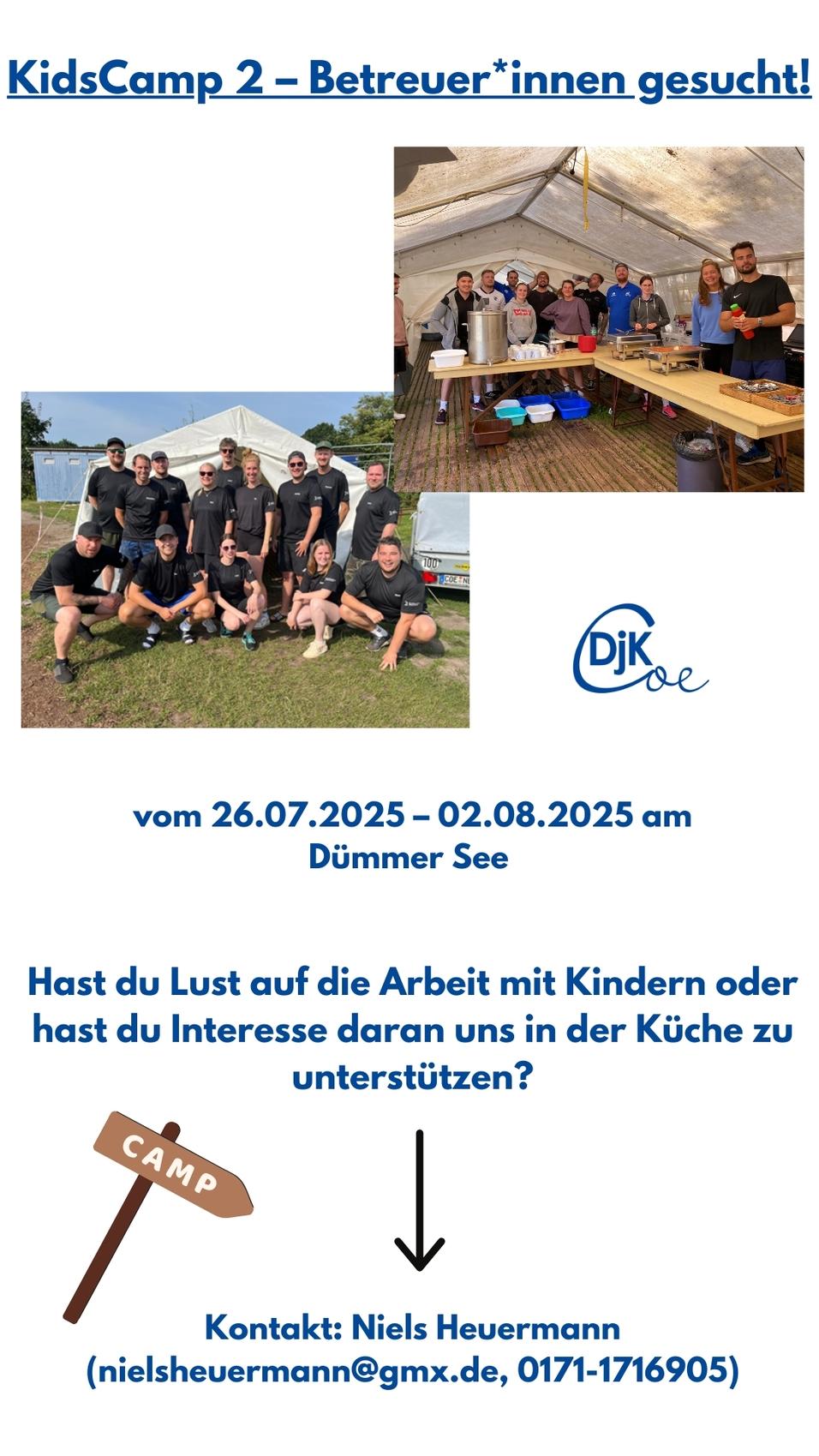 Gruppenselfie von Betreuern vor einem Zeltoffen, mit Küchenequipment im Hintergrund, Einladung zum KidsCamp.