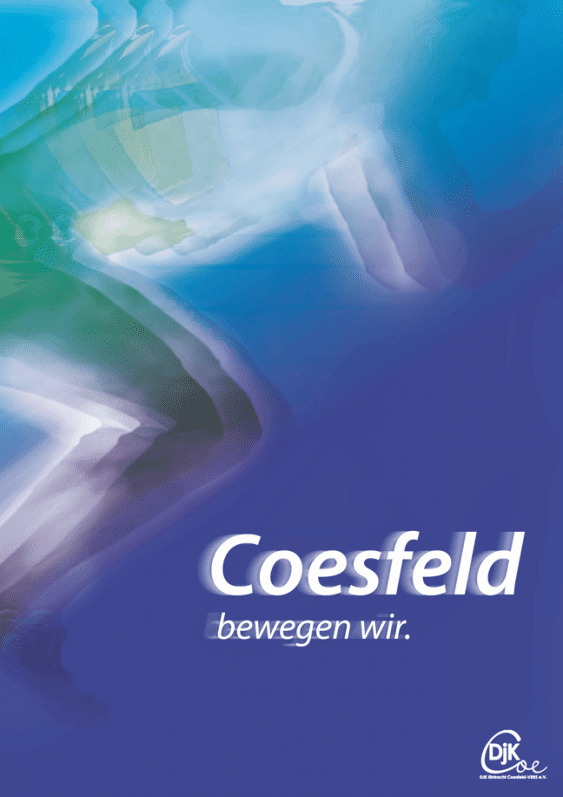 Abstracte Darstellung mit dynamischen Bewegungen und der Aufschrift „Coesfeld bewegen wir“ auf blauem Hintergrund.