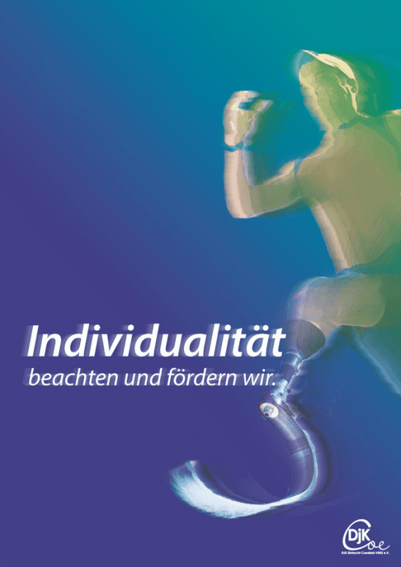 Bewegte Silhouette eines Sportlers mit Prothese, überlagert von textlicher Botschaft zur Individualität.