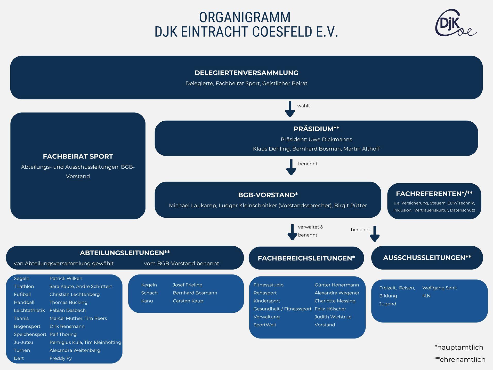 Organigramm des DJK Eintracht Coesfeld e.V. mit Struktur von Vorstand und Fachbereichen.