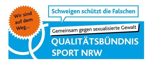Logo des Qualitätsbündnisses Sport NRW mit Slogan gegen sexualisierte Gewalt und einem Hinweis zum Schweigen.