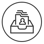 Symbol eines Aktenordners mit mehreren Dokumenten und einer stilisierten Person in einem Fach.