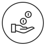 Symbol eines Hand mit fallenden Münzen in einem runden Rahmen.