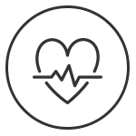 Symbol eines Herzens mit EKG-Linie in einem runden Rahmen, symbolisierend Gesundheit und medizinische Überwachung.