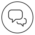 Zwei stilisierte Sprechblasen in einem runden Rahmen, symbolisieren Kommunikation und Dialog.