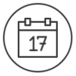 Icon eines Kalenders mit der Zahl 17 im Quadrat und zwei Reitern oben.
