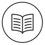 Symbol eines offenen Buches mit horizontalen Linien auf den Seiten in einem runden Rahmen.