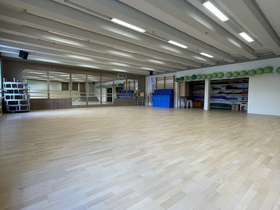 Leerer Multifunktionsraum mit Holzfußboden, Spiegelwand und abgestellten Gymnastikbällen in Regalen.