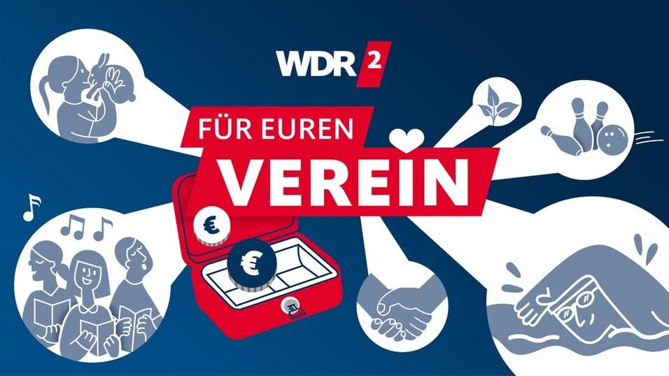 Grafik mit dem Text „Für euren Verein“ um eine rote Geldkiste, umgeben von Symbolen für Aktivitäten und Gemeinschaft.