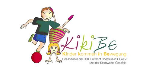 Bunte Illustration von zwei Kindern in Bewegung, mit dem Text „KiKiBe - Kinder kommen in Bewegung“ darunter.