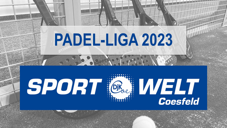 Logo der Padel-Liga 2023 mit mehreren Padel-Schlägern im Hintergrund auf einem Spielfeld.