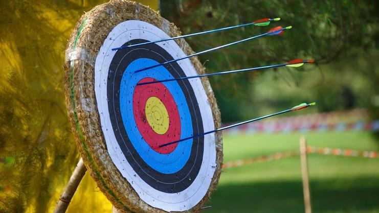 Zielscheibe mit mehreren Pfeilen, die im inneren Bereich auf einer gebogenen, strohgedeckten Zielplatte stecken.