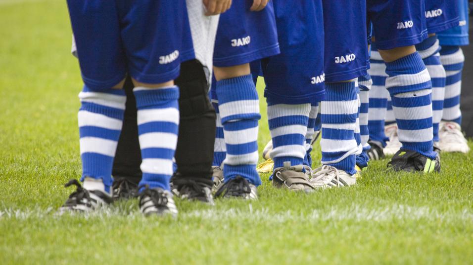 Reihe von Fußballspielern in blauen Trikots und gestreiften Socken auf einem grünen Rasenfeld.