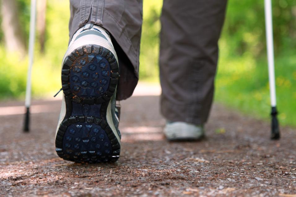 Nahaufnahme eines Wanderschuhs mit abgenutzter Sohle auf einem naturbelassenen Waldweg.